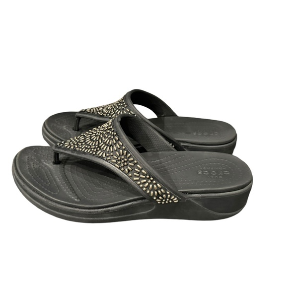 CROCS Shoes - Women’s Crocs Monterey Diamante Black Beaded Thong Wedge Flip Flops - Size 9